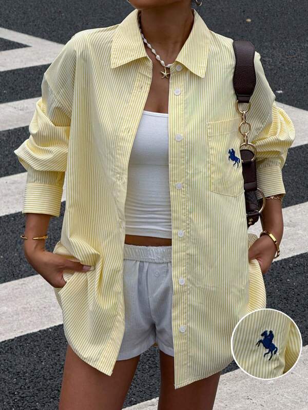 Yellow Embroidered Striped Blouse Shirt