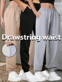 Women’s Jogger Pants – Solid Color Elastic Waist Sports Trousers with Pockets