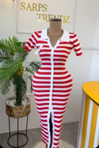 Color Blocked Lapel Striped Knitted Dress – Elegant Single-Breasted Women’s Outfit