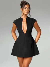 Women’s Black Mini Dress – Elegant Sleeveless Deep V Neck Party