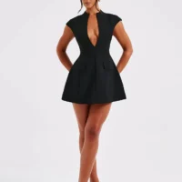 Women’s Black Mini Dress – Elegant Sleeveless Deep V Neck Party