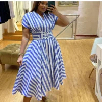 Women’s Long Stripe Dress  – Elegant V-Neck Office & Party Gown