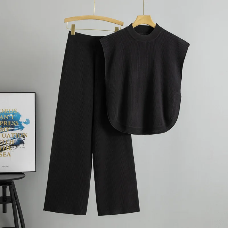 Women’s Casual 2-Piece Set – Sleeveless Knit Shirt & Wide-Leg Pants