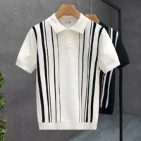 Men’s white polo shirt with vertical brown and black stripes, short sleeves, and textured knit design