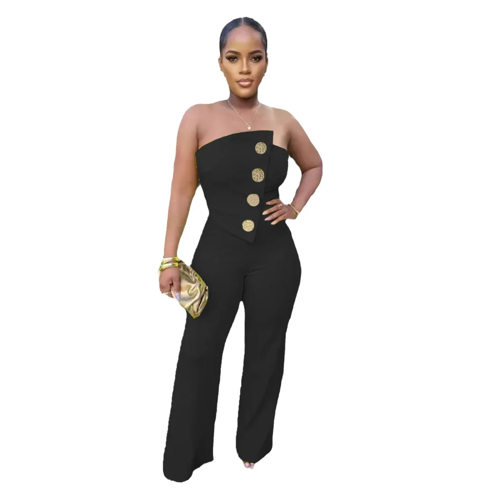 Women Strapless Jumpsuit Metal Button Decor Casual classic Outfit