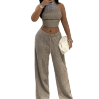 Women New Fashion 2 Piece Suits | Knitting Vest Top + Female Draw String Straight High Street Long Pants