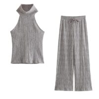 main_image_2 Women New Fashion 2 Piece Suits | Knitting Vest Top + Female Draw String Straight High Street Long Pants