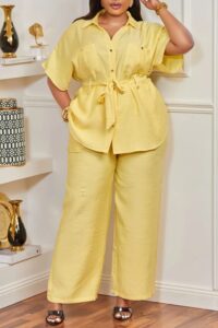 Plus Size Business Casual Collar Short Sleeve Pocket Linen Two Piece Pant Sets